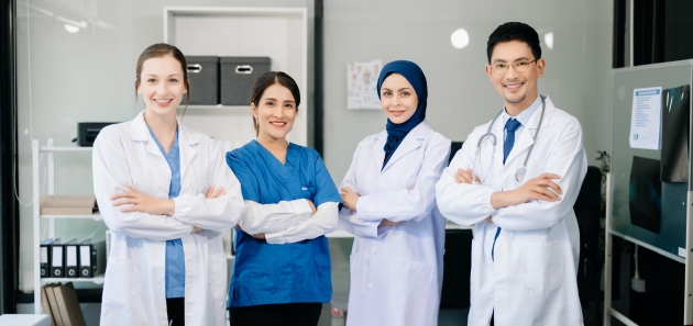 A team of clinicians standing together in a clinic